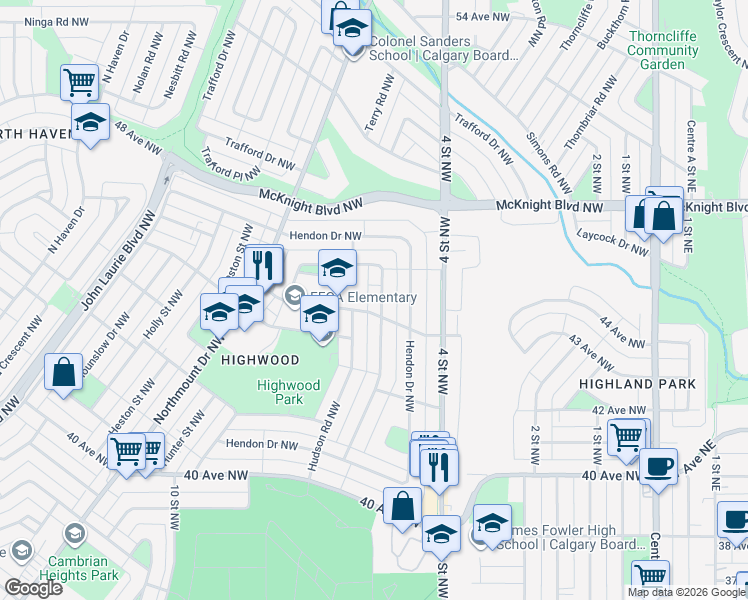 map of restaurants, bars, coffee shops, grocery stores, and more near 108 Hudson Road Northwest in Calgary