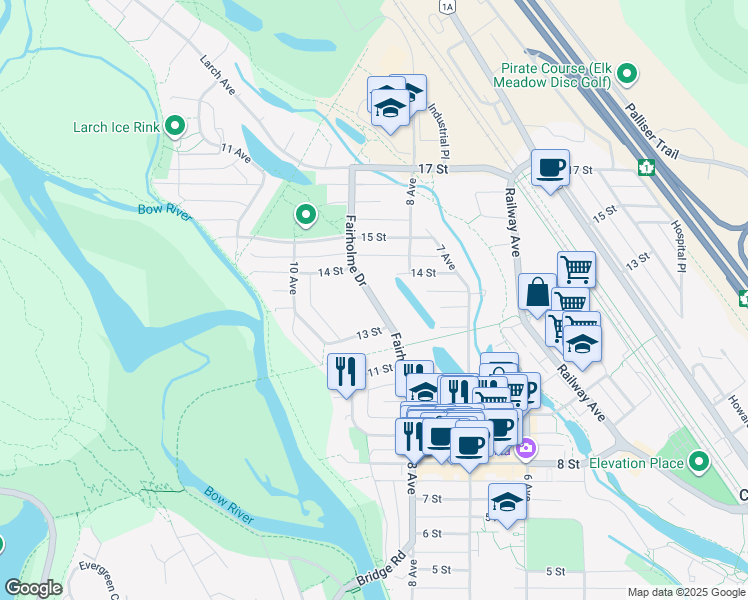 map of restaurants, bars, coffee shops, grocery stores, and more near Fairholme Drive in Canmore