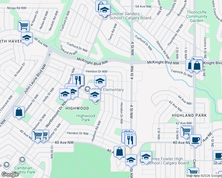map of restaurants, bars, coffee shops, grocery stores, and more near 108 Hudson Road Northwest in Calgary