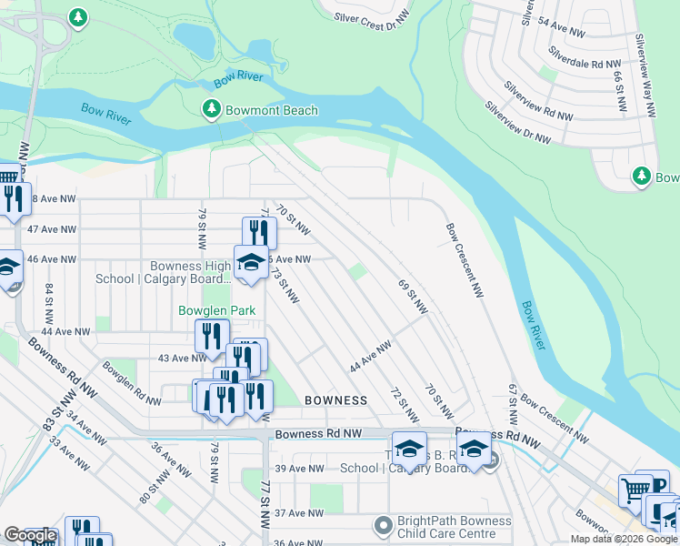map of restaurants, bars, coffee shops, grocery stores, and more near 4639 70 Street Northwest in Calgary