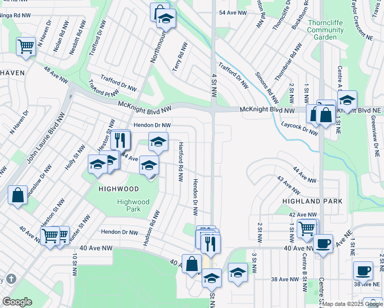 map of restaurants, bars, coffee shops, grocery stores, and more near 243 Hendon Drive Northwest in Calgary