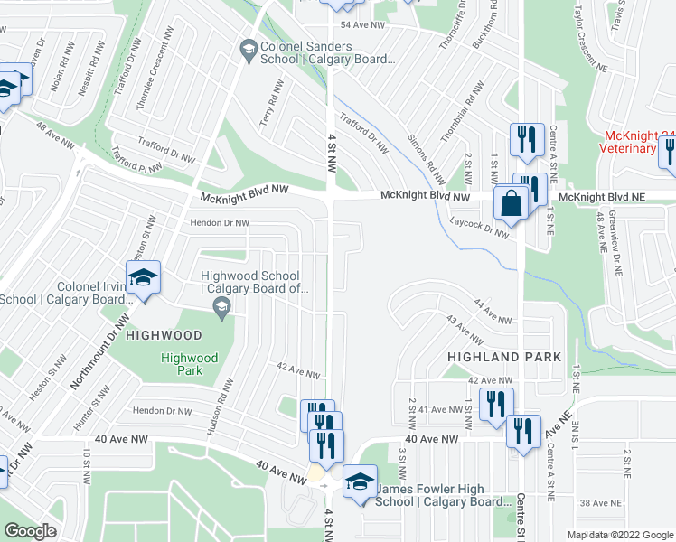 map of restaurants, bars, coffee shops, grocery stores, and more near 4634 4 Street Northwest in Calgary