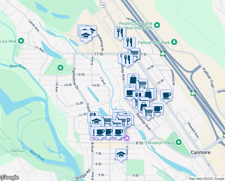 map of restaurants, bars, coffee shops, grocery stores, and more near Spring Creek Crescent in Canmore