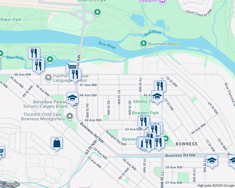 map of restaurants, bars, coffee shops, grocery stores, and more near 8304 46 Avenue Northwest in Calgary