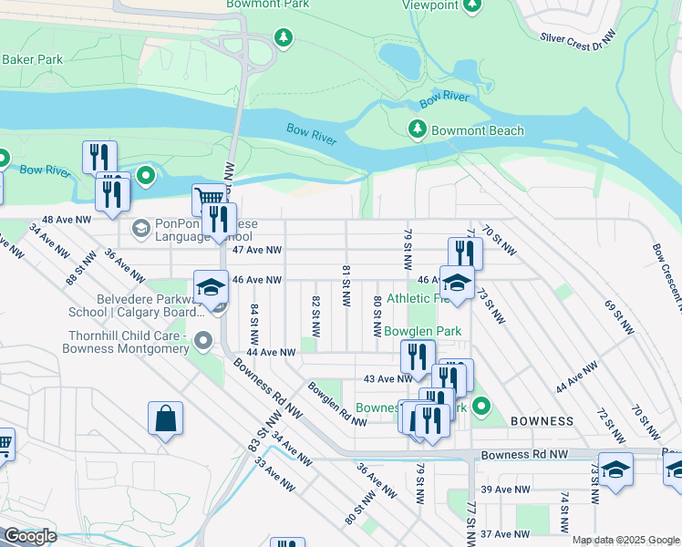 map of restaurants, bars, coffee shops, grocery stores, and more near 8304 46 Avenue Northwest in Calgary