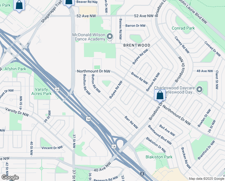 map of restaurants, bars, coffee shops, grocery stores, and more near 4604 Bulyea Road Northwest in Calgary