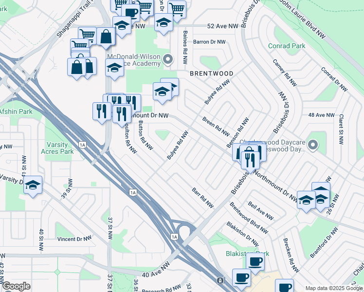 map of restaurants, bars, coffee shops, grocery stores, and more near 4604 Bulyea Road Northwest in Calgary