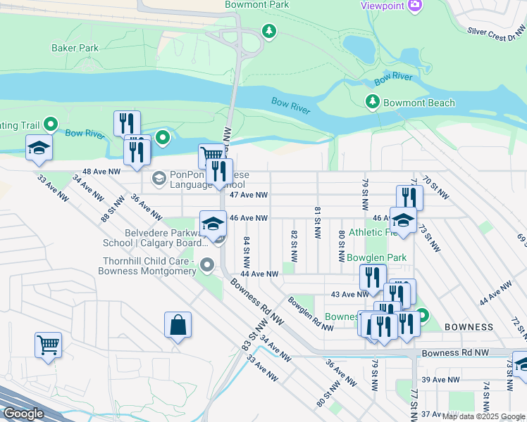 map of restaurants, bars, coffee shops, grocery stores, and more near 8506 46 Avenue Northwest in Calgary