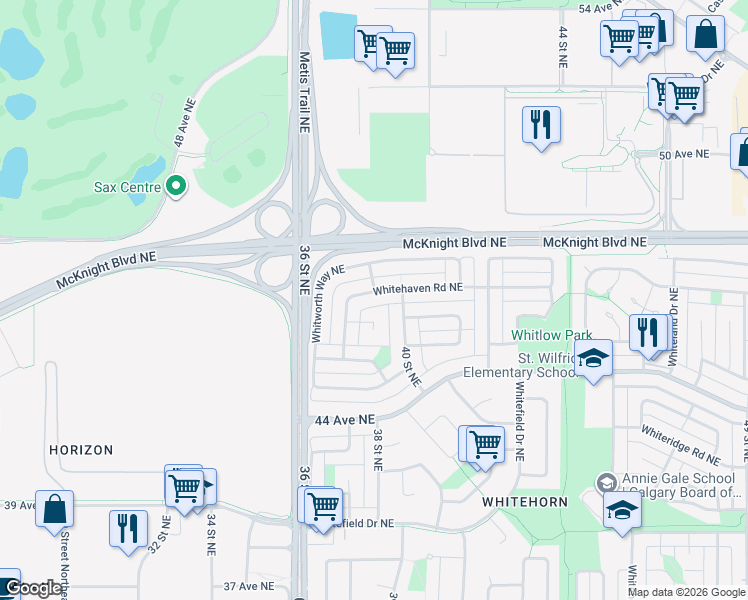 map of restaurants, bars, coffee shops, grocery stores, and more near 60 Whitehaven Road Northeast in Calgary