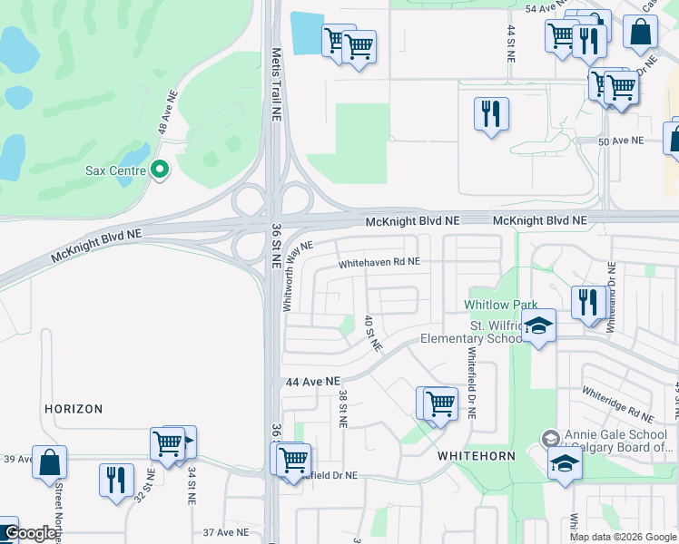map of restaurants, bars, coffee shops, grocery stores, and more near 60 Whitehaven Road Northeast in Calgary