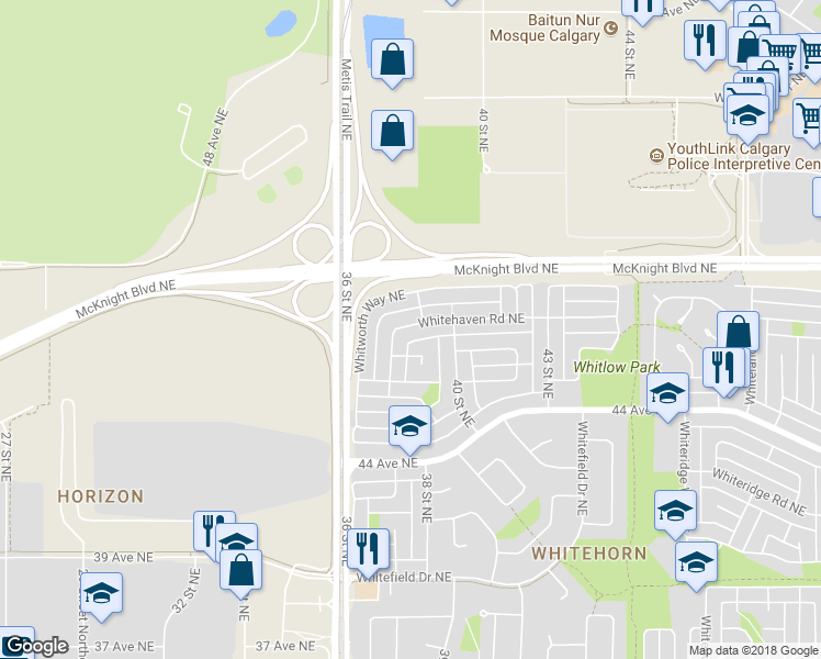 map of restaurants, bars, coffee shops, grocery stores, and more near 60 Whitehaven Road Northeast in Calgary