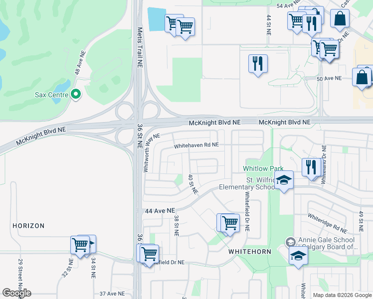 map of restaurants, bars, coffee shops, grocery stores, and more near 100 Whitehaven Road Northeast in Calgary
