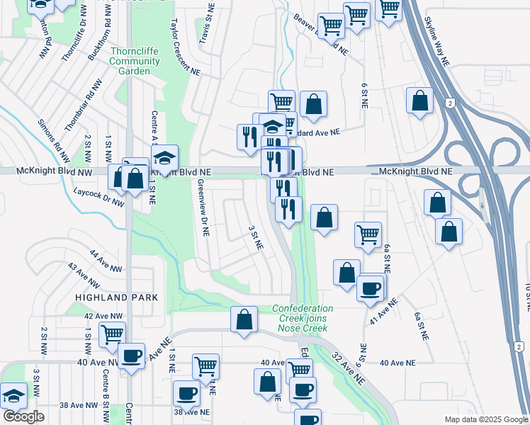 map of restaurants, bars, coffee shops, grocery stores, and more near 4715 Edmonton Trail in Calgary