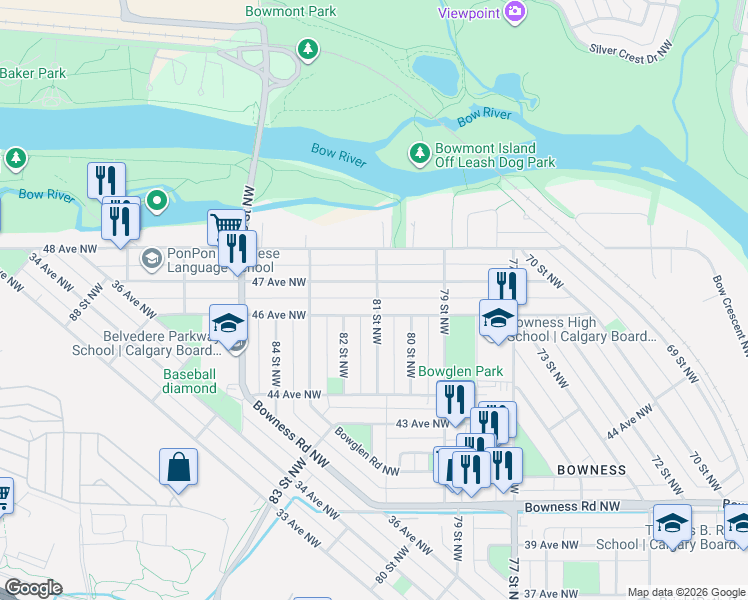 map of restaurants, bars, coffee shops, grocery stores, and more near 4711 81 Street Northwest in Calgary