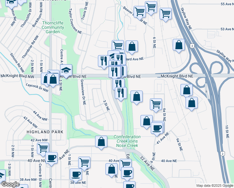 map of restaurants, bars, coffee shops, grocery stores, and more near 4715 Edmonton Trail in Calgary