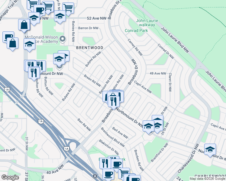 map of restaurants, bars, coffee shops, grocery stores, and more near 4700 Brockington Road Northwest in Calgary
