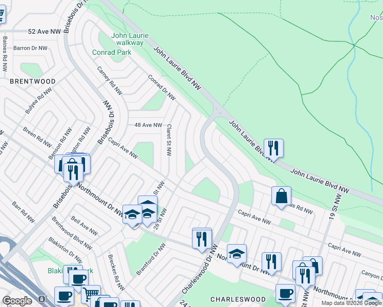map of restaurants, bars, coffee shops, grocery stores, and more near 2716 Conrad Drive Northwest in Calgary