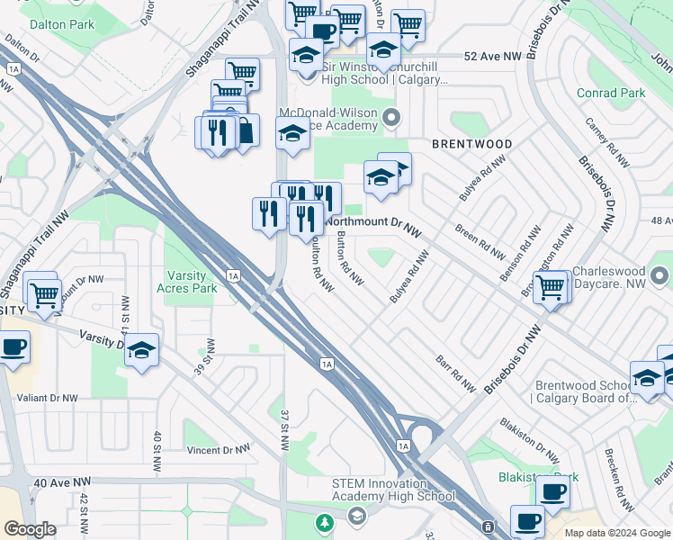 map of restaurants, bars, coffee shops, grocery stores, and more near 3515 Button Road Northwest in Calgary