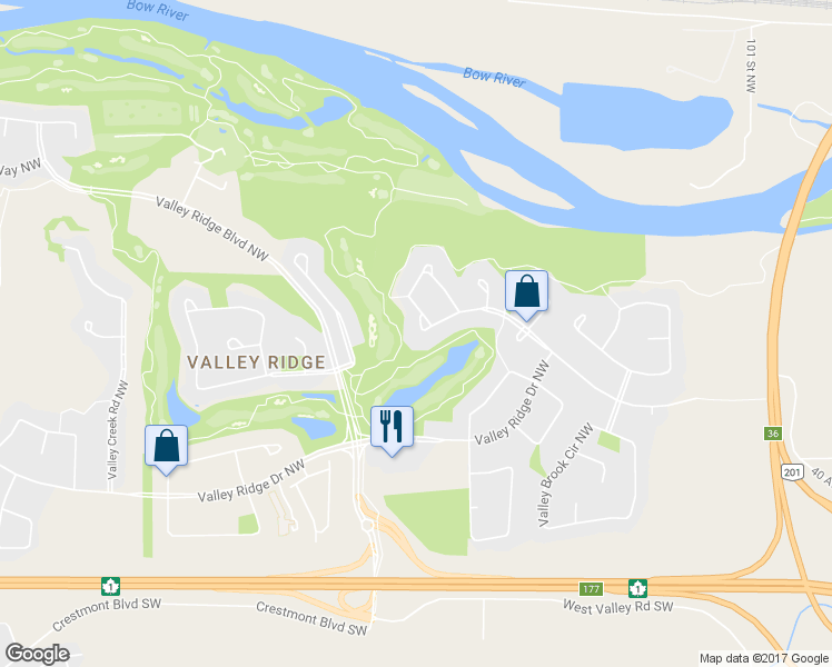 map of restaurants, bars, coffee shops, grocery stores, and more near 10987 Valley Springs Road Northwest in Calgary