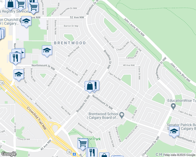 map of restaurants, bars, coffee shops, grocery stores, and more near 4615 Brisebois Drive Northwest in Calgary