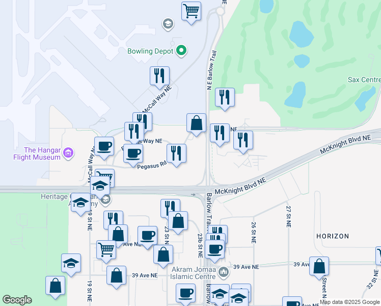 map of restaurants, bars, coffee shops, grocery stores, and more near 2435 Pegasus Road Northeast in Calgary