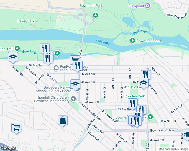 map of restaurants, bars, coffee shops, grocery stores, and more near 8506 46 Avenue Northwest in Calgary