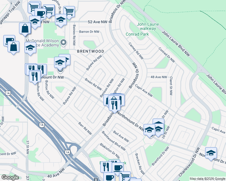 map of restaurants, bars, coffee shops, grocery stores, and more near 4700 Brockington Road Northwest in Calgary