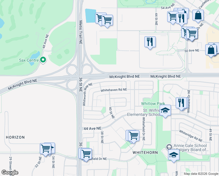map of restaurants, bars, coffee shops, grocery stores, and more near 100 Whitehaven Road Northeast in Calgary