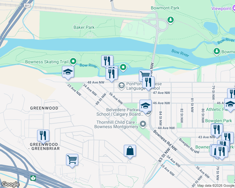 map of restaurants, bars, coffee shops, grocery stores, and more near in Calgary