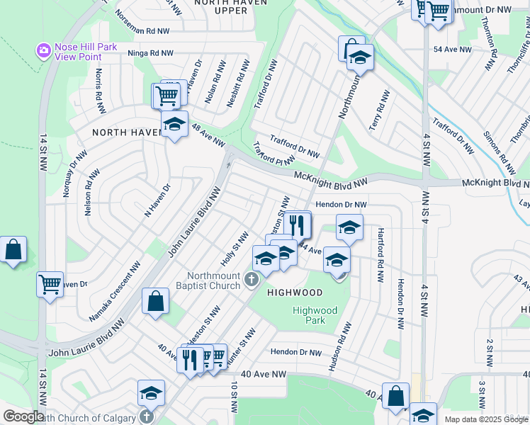 map of restaurants, bars, coffee shops, grocery stores, and more near 138 Holly Street Northwest in Calgary