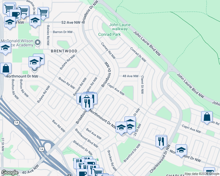 map of restaurants, bars, coffee shops, grocery stores, and more near 431 Capri Avenue Northwest in Calgary