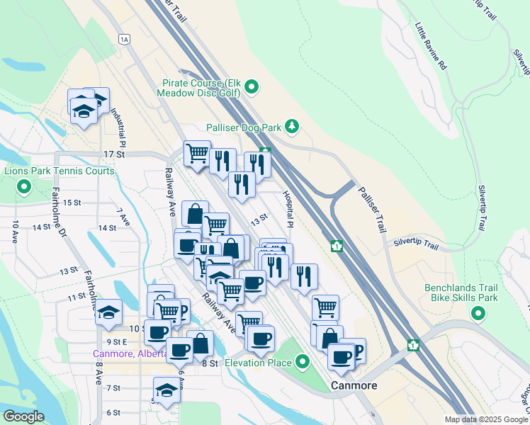 map of restaurants, bars, coffee shops, grocery stores, and more near 1401 1 Avenue in Canmore