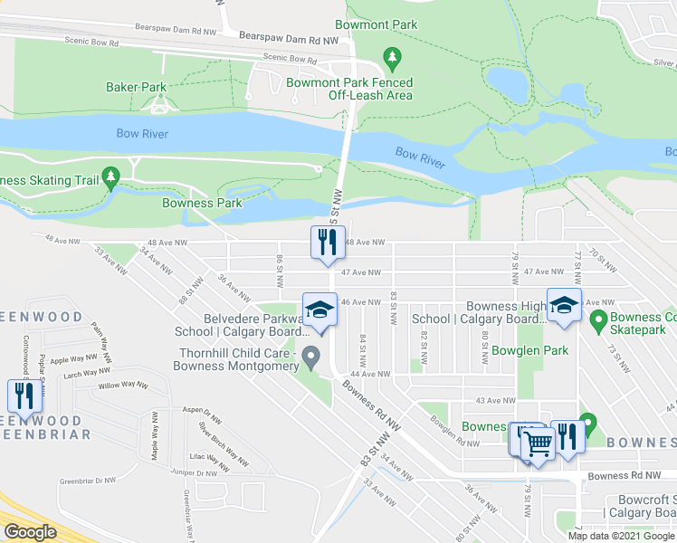 map of restaurants, bars, coffee shops, grocery stores, and more near 8545 47 Avenue Northwest in Calgary