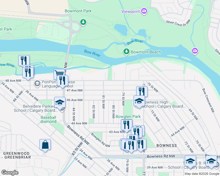 map of restaurants, bars, coffee shops, grocery stores, and more near 8128 46 Avenue Northwest in Calgary