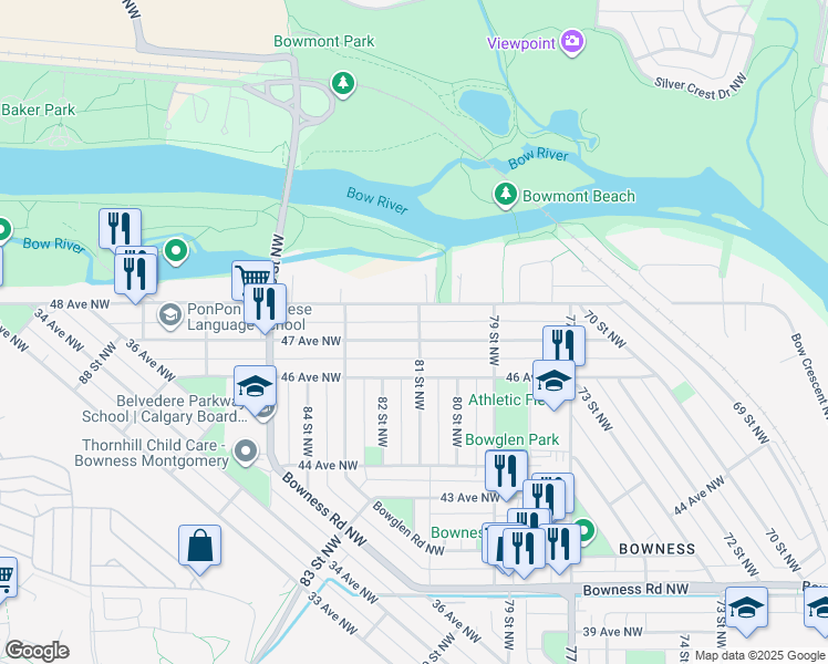 map of restaurants, bars, coffee shops, grocery stores, and more near 8304 46 Avenue Northwest in Calgary