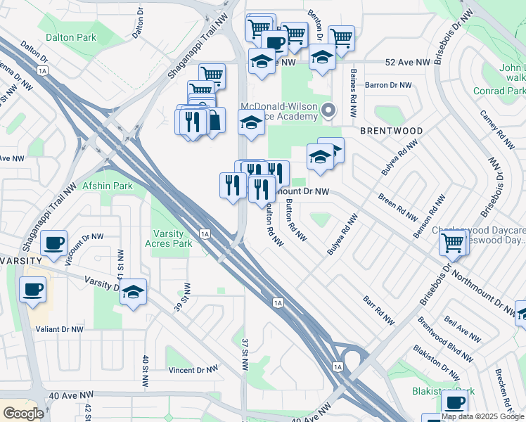 map of restaurants, bars, coffee shops, grocery stores, and more near 1529 Northmount Drive Northwest in Calgary