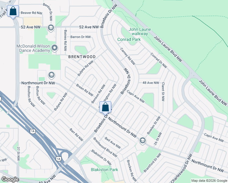 map of restaurants, bars, coffee shops, grocery stores, and more near 4819 Brockington Road Northwest in Calgary