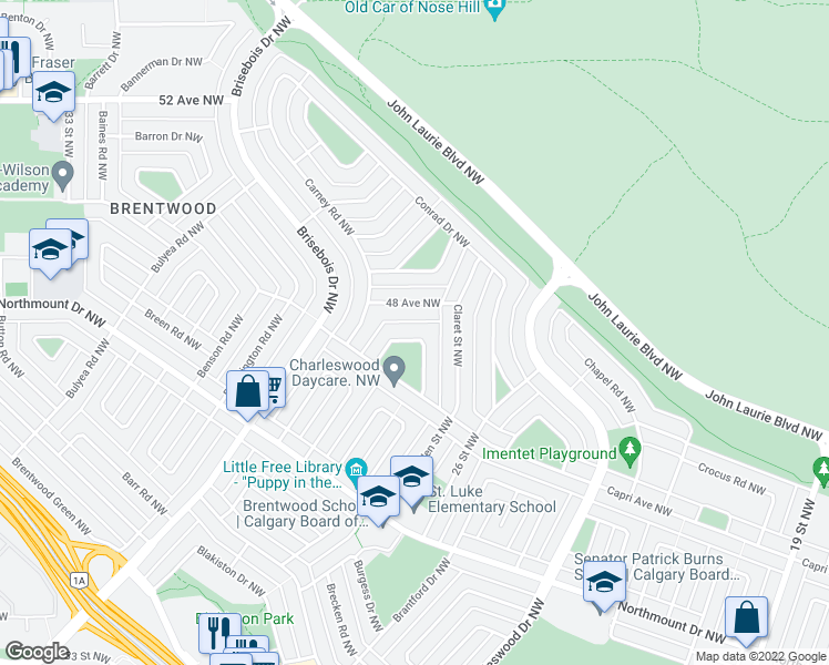 map of restaurants, bars, coffee shops, grocery stores, and more near 386 Capri Crescent Northwest in Calgary