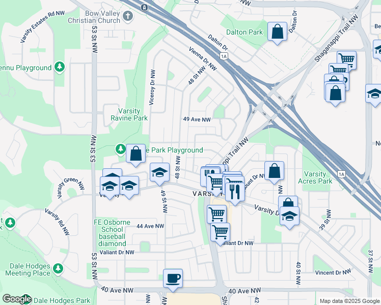 map of restaurants, bars, coffee shops, grocery stores, and more near 4823 Vanguard Road Northwest in Calgary
