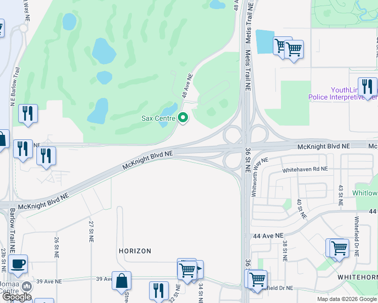 map of restaurants, bars, coffee shops, grocery stores, and more near McKnight Boulevard Northeast in Calgary
