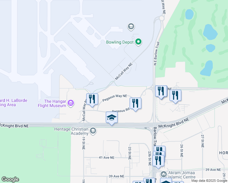 map of restaurants, bars, coffee shops, grocery stores, and more near 2220 Pegasus Way Northeast in Calgary