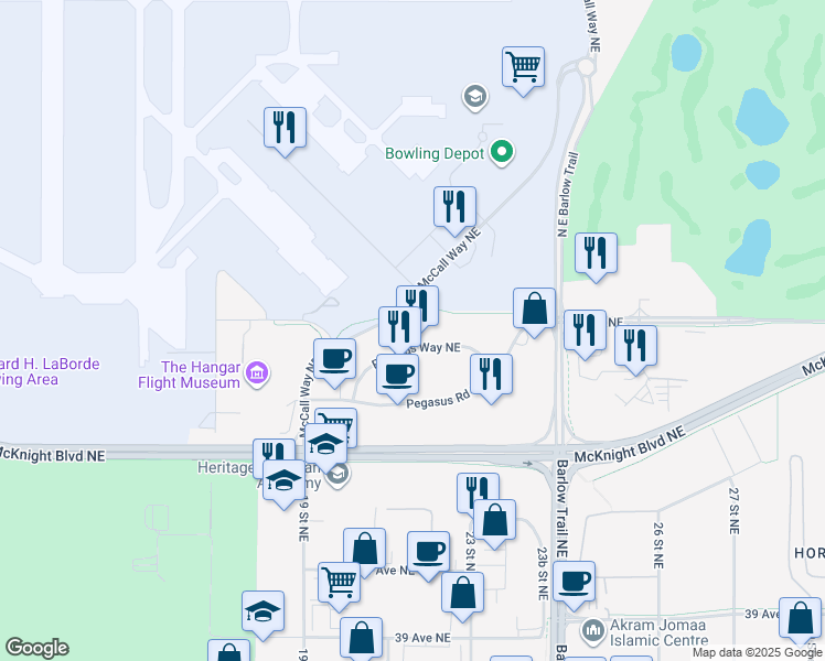 map of restaurants, bars, coffee shops, grocery stores, and more near 2220 Pegasus Way Northeast in Calgary