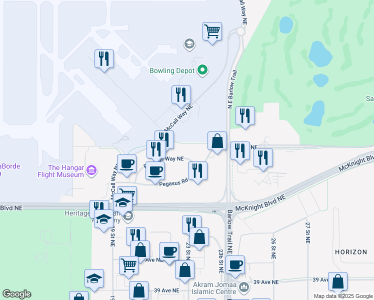 map of restaurants, bars, coffee shops, grocery stores, and more near 2480 Pegasus Road Northeast in Calgary