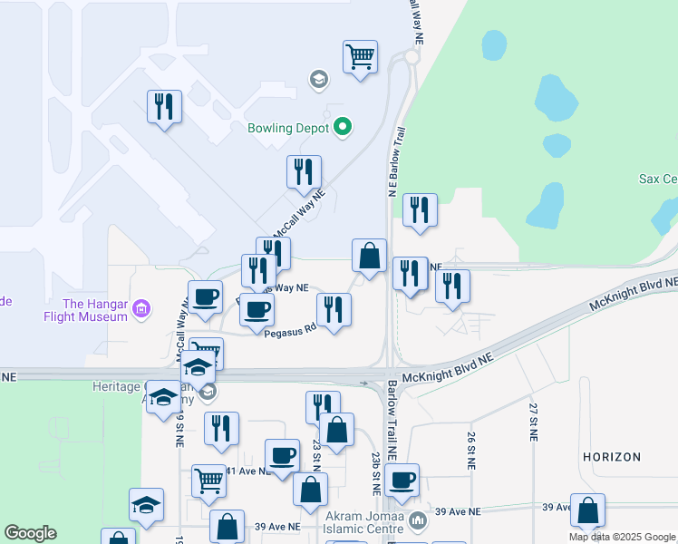 map of restaurants, bars, coffee shops, grocery stores, and more near 2480 Pegasus Road Northeast in Calgary