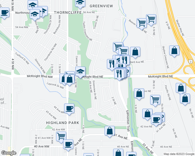 map of restaurants, bars, coffee shops, grocery stores, and more near 405 McKnight Boulevard Northeast in Calgary