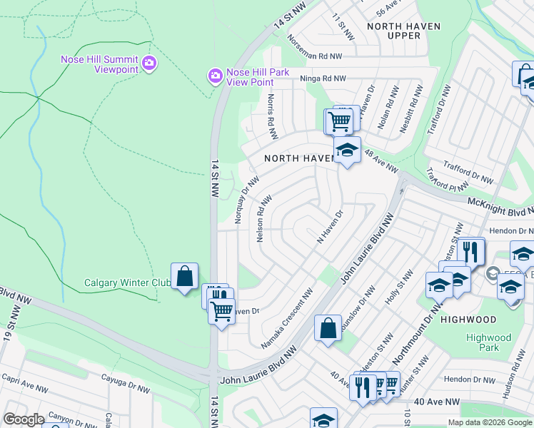 map of restaurants, bars, coffee shops, grocery stores, and more near 4820 Nelson Road Northwest in Calgary