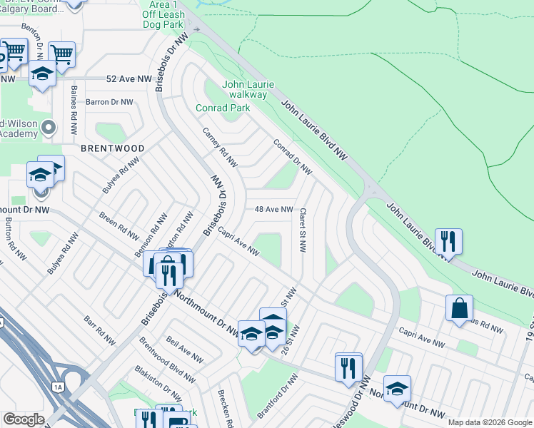 map of restaurants, bars, coffee shops, grocery stores, and more near 2727 48 Avenue Northwest in Calgary