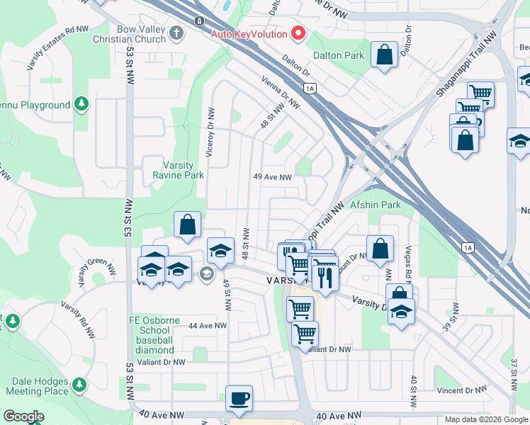 map of restaurants, bars, coffee shops, grocery stores, and more near 4901 Vanguard Road Northwest in Calgary