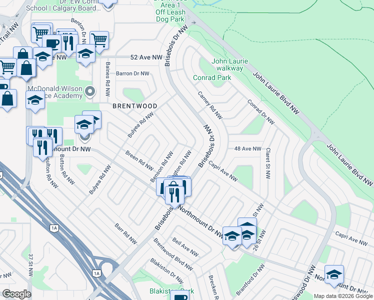map of restaurants, bars, coffee shops, grocery stores, and more near 4819 Brockington Road Northwest in Calgary