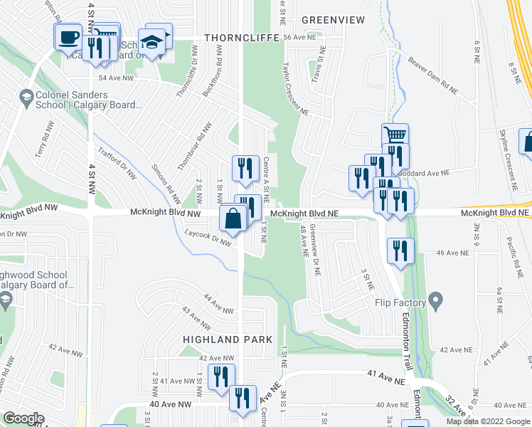 map of restaurants, bars, coffee shops, grocery stores, and more near 223 McKnight Boulevard Northeast in Calgary